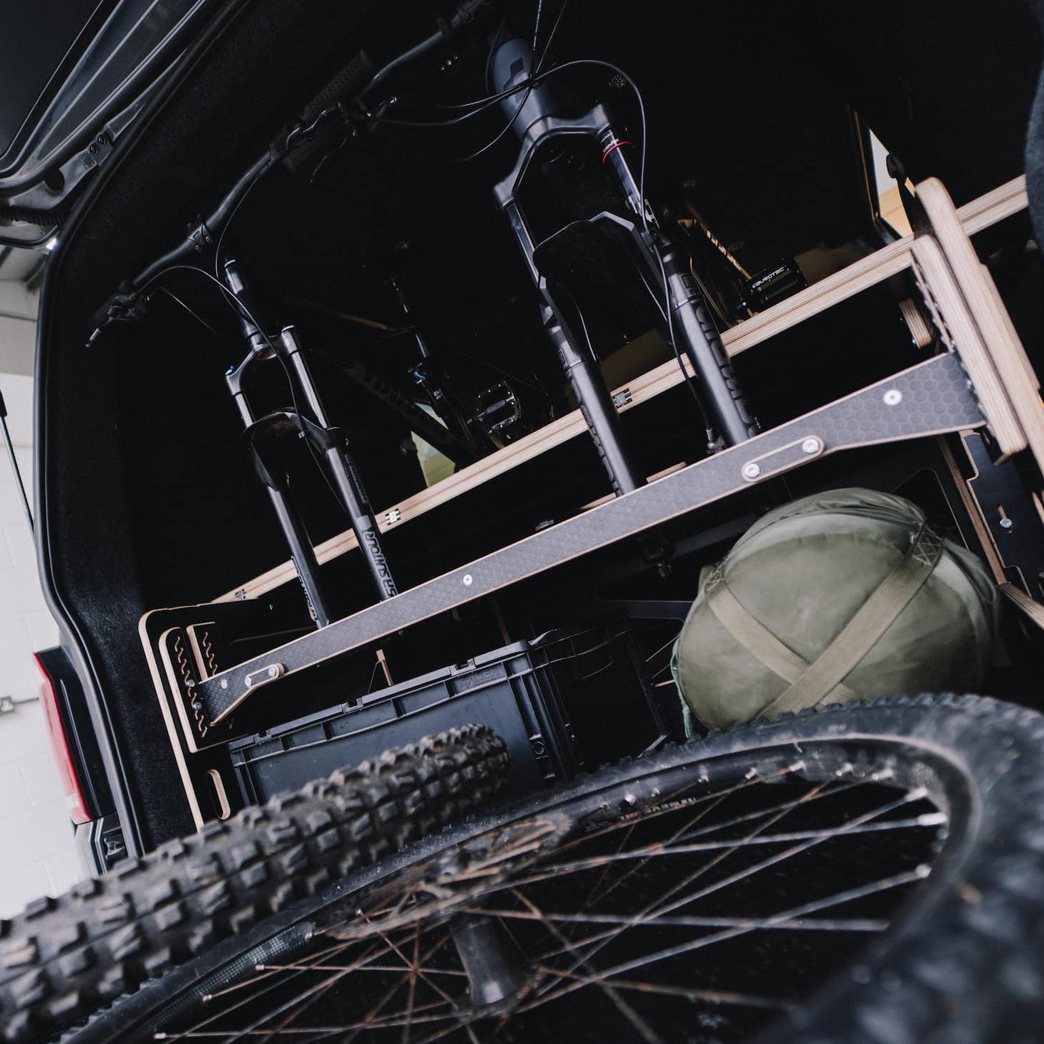 Van loaded with 2 x bikes internally as well as camping equipment in slide out drawer