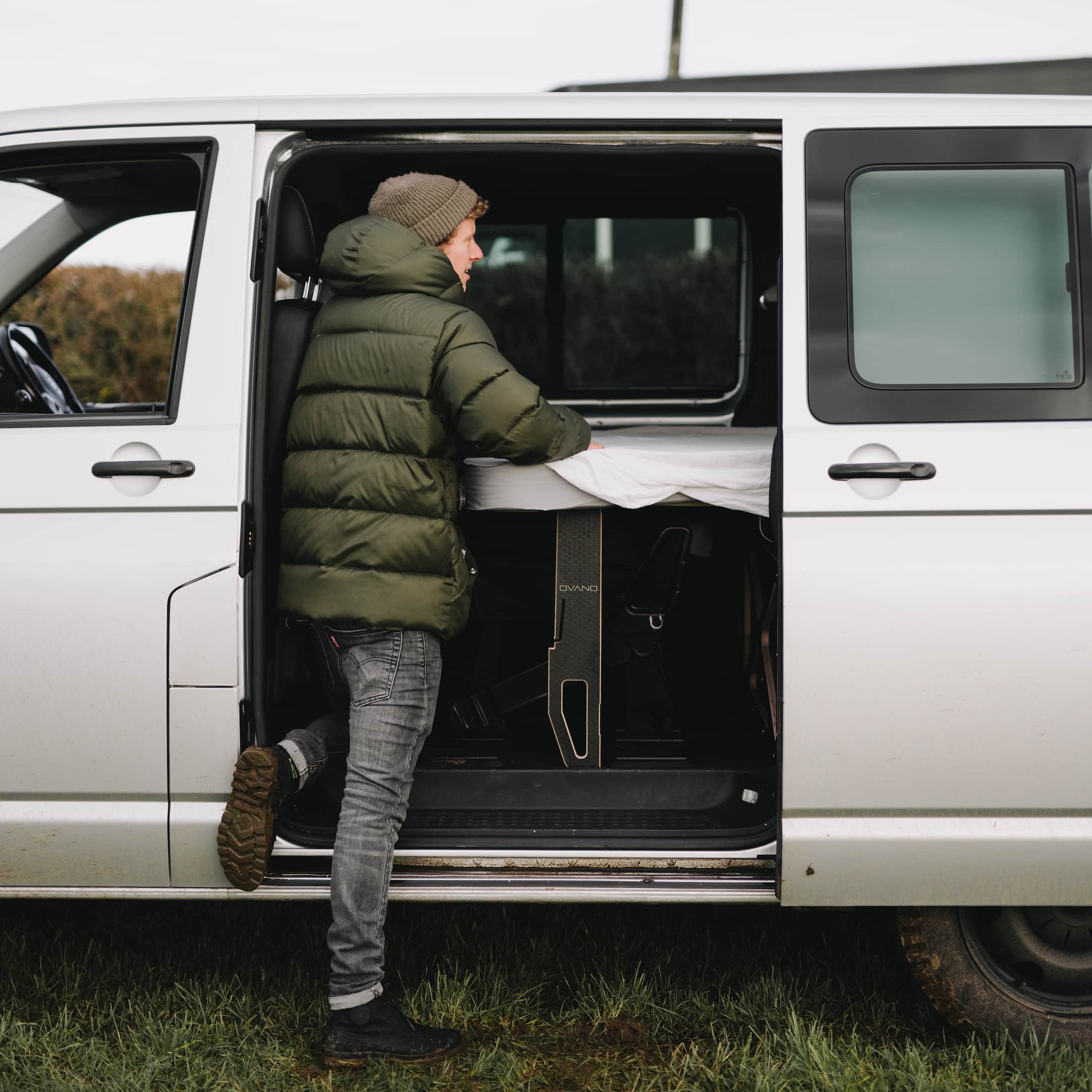 Ovano bed system viewed from side door. Using legs as supports.