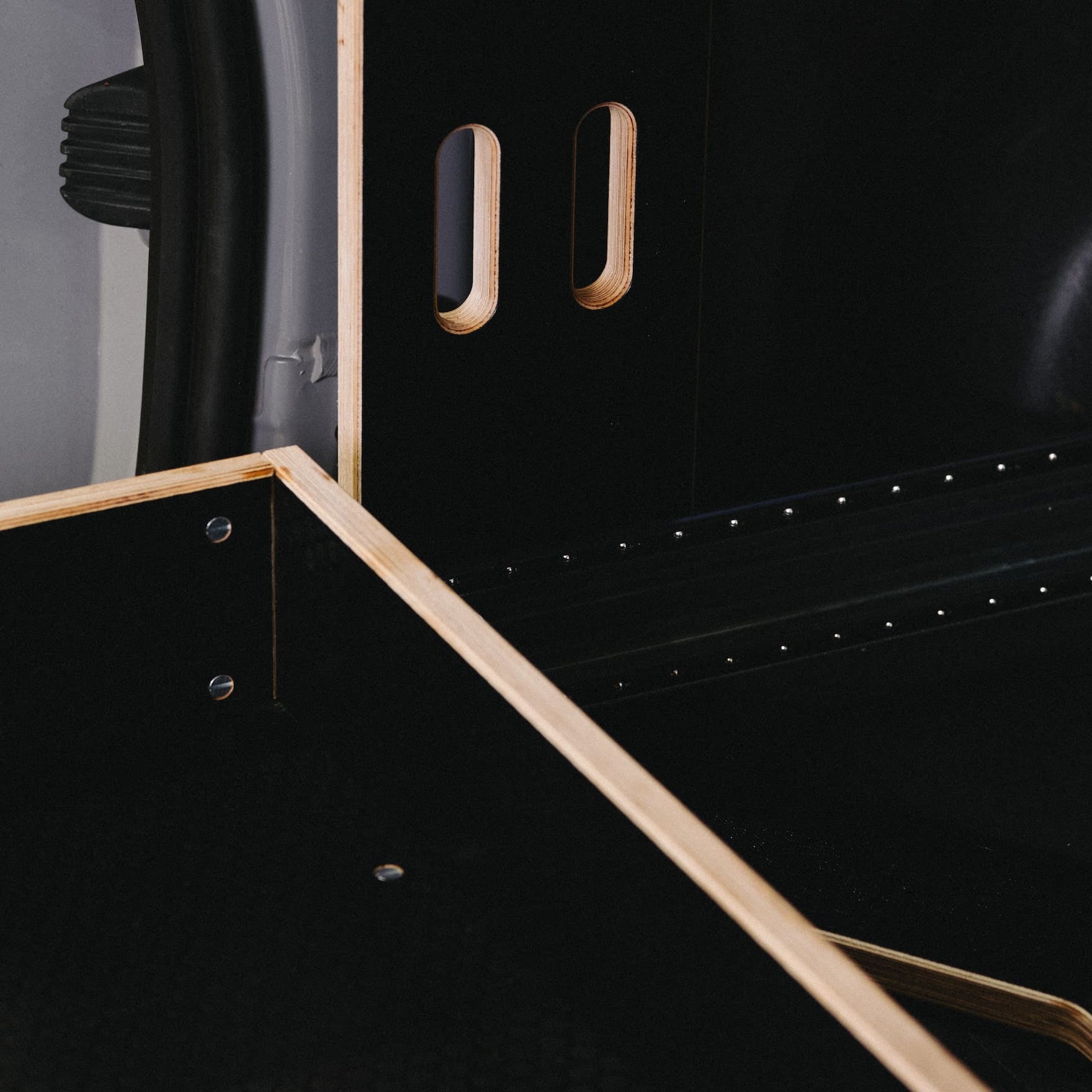 close-up of rear of ovano drawer installed in a van showing exposed ball bearing runners.