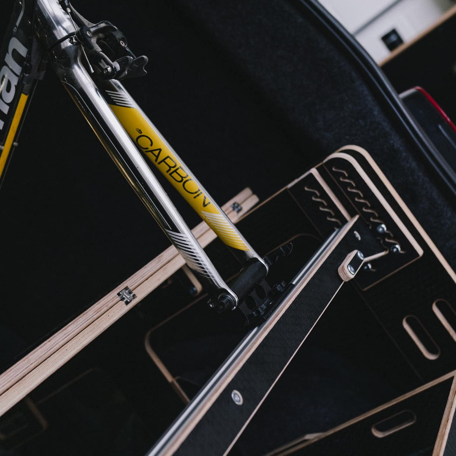 road bike mounted to fork mount on Ovano bike bar inside a van