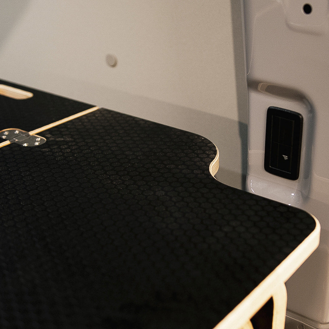 Ovano switch fitted in Transit Custom. Close-up of rear flap detail.