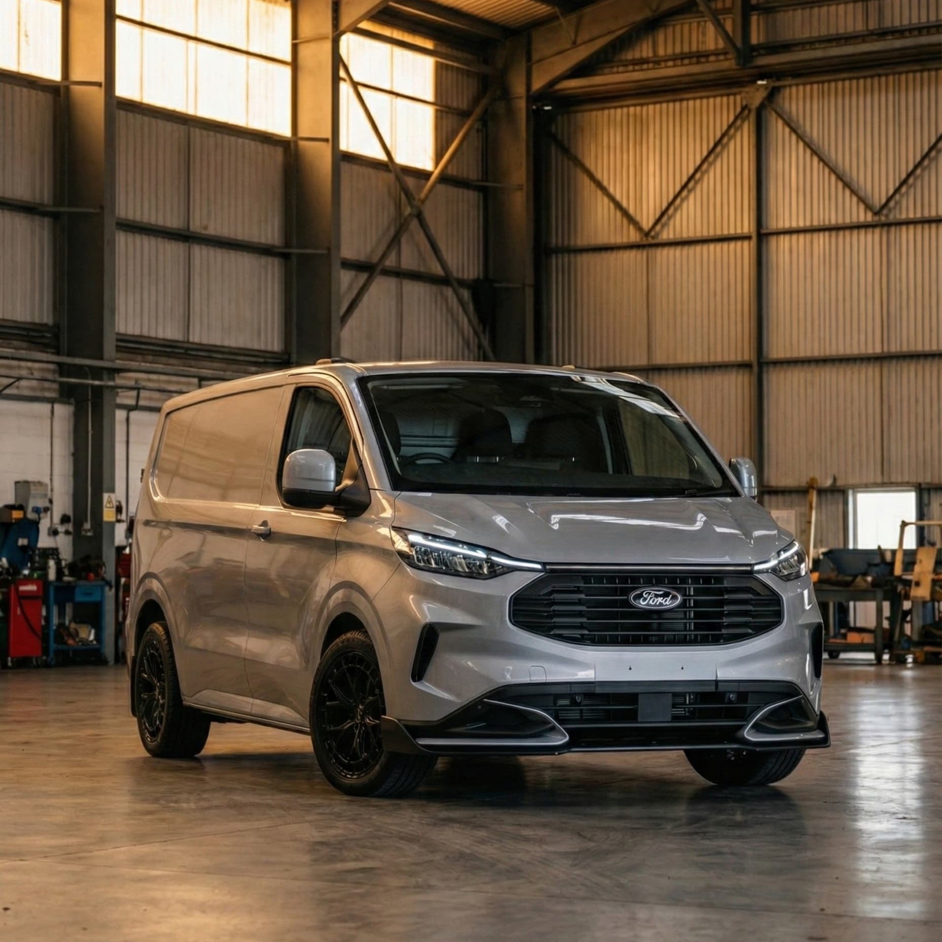 Silver Ford Transit custom parked inside a large industrial building.
