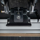 close-up of thru axle quick release lockable mountain bike fork mount