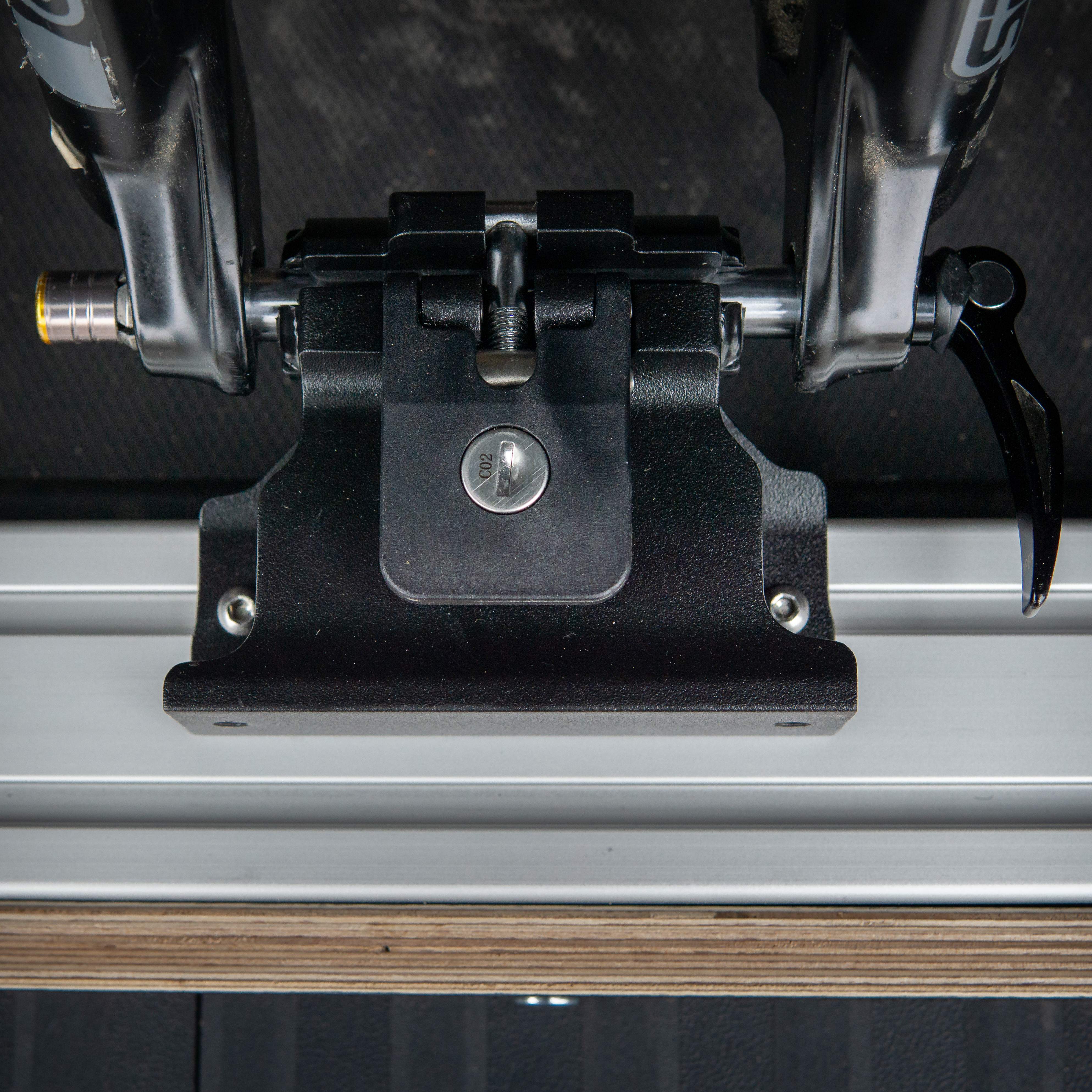 close-up of thru axle quick release lockable mountain bike fork mount