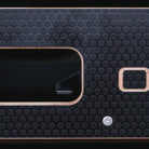 close-up of one touch black drawer lever on a black drawer front.