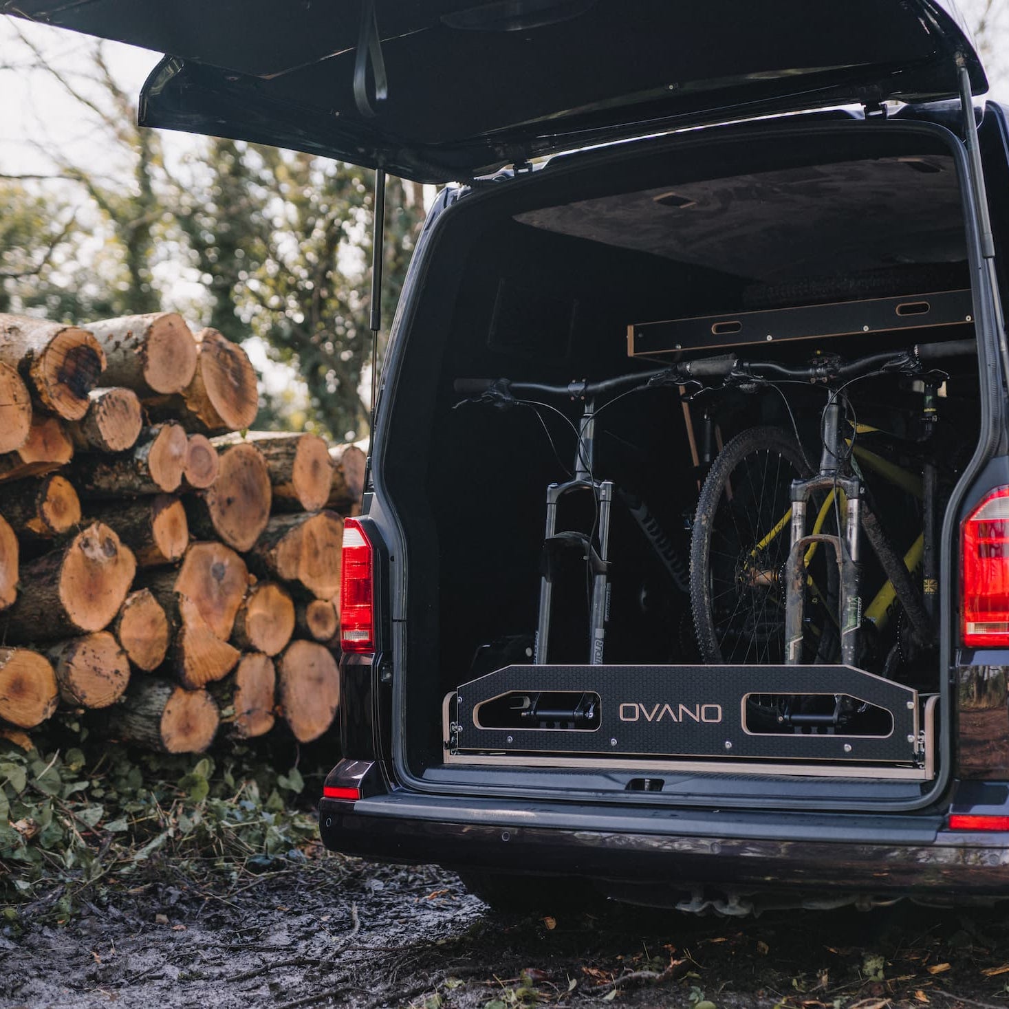 Drawer system in a volkswagen transporter, carrying 3 x bikes